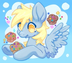 Size: 1440x1253 | Tagged: safe, artist:ibbledribble, derpy hooves, pegasus, pony, g4, beanbrows, bust, eyebrows, female, food, light blue background, mare, muffin, open mouth, simple background, solo, sparkles, spread wings, stars, wings