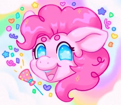 Size: 2048x1784 | Tagged: safe, artist:ibbledribble, pinkie pie, earth pony, pony, g4, beanbrows, bust, confetti, eyebrows, looking at you, open mouth, party popper, portrait, rainbow background, solo, sparkles
