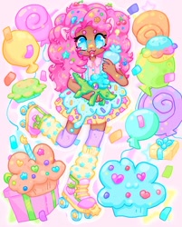 Size: 1440x1795 | Tagged: safe, artist:ibbledribble, gummy, pinkie pie, alligator, human, g4, :3, balloon, bandaid, bandaid on nose, beanbrows, button-up shirt, candle, cherry, clothes, confetti, cute, dark skin, diapinkes, eared humanization, eyebrows, food, frosting, humanized, icing bag, leg warmers, looking at you, miniskirt, muffin, pie, present, redraw, roller skates, shirt, skates, skirt, smiling, smiling at you, socks, solo, sprinkles, sprinkles in hair, stars, strawberry, suspenders, thigh highs, thigh socks