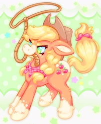 Size: 1660x2048 | Tagged: safe, artist:ibbledribble, applejack, earth pony, pony, g4, alternate design, bandana, cowboy hat, hat, lasso, pigtails, rope, solo