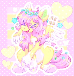 Size: 2003x2048 | Tagged: safe, artist:ibbledribble, fluttershy, pegasus, pony, g4, alternate design, chest fluff, floral head wreath, flower, high res, solo, unshorn fetlocks