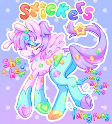 Size: 1851x2048 | Tagged: safe, artist:ibbledribble, oc, oc only, oc:stickers, fairy, fairy pony, original species, pony, antenna, antennae, pronouns, solo, sticker