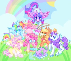 Size: 1440x1241 | Tagged: safe, artist:ibbledribble, applejack, fluttershy, pinkie pie, rainbow dash, rarity, spike, twilight sparkle, alicorn, earth pony, pegasus, pony, unicorn, g4, alternate design, book, cake, food, lasso, mane seven, mane six, rainbow, rope, septet, sleeping, unshorn fetlocks