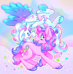 Size: 2014x2048 | Tagged: safe, artist:ibbledribble, skywishes, star catcher, earth pony, pegasus, pony, g3, blushing, duo, female, flower, flower in mouth, high res, lesbian, looking at each other, looking at someone, mouth hold, ship:skycatcher, shipping