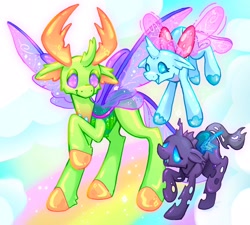 Size: 2048x1843 | Tagged: safe, artist:ibbledribble, ocellus, thorax, changedling, changeling, g4, fangs, female, flying, king thorax, male, raised hoof, smiling, spread wings, trio, wings