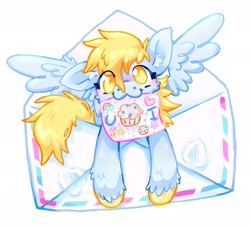 Size: 2048x1856 | Tagged: safe, artist:ibbledribble, derpy hooves, pegasus, pony, g4, :3, blushing, cute, daaaaaaaaaaaw, derpabetes, drawing, ear fluff, food, letter, looking at you, muffin, paper, simple background, solo, spread wings, starry eyes, unshorn fetlocks, white background, wingding eyes, wings