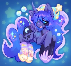 Size: 2048x1881 | Tagged: safe, artist:ibbledribble, princess luna, alicorn, pony, g4, :p, clothes, curved horn, ear fluff, horn, sleepy, slippers, socks, solo, tongue out