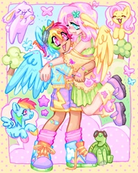 Size: 1440x1800 | Tagged: safe, artist:ibbledribble, angel bunny, fluttershy, rainbow dash, tank, human, pegasus, pony, g4, clothes, cute, dashabetes, duo, eared humanization, female, goggles, goggles on head, holding, humanized, lesbian, light skin, ship:flutterdash, shipping, shyabetes, skirt, tan skin, winged humanization, wings