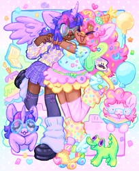 Size: 1673x2048 | Tagged: safe, artist:ibbledribble, gummy, pinkie pie, twilight sparkle, alicorn, alligator, earth pony, human, pony, g4, alternate versions at source, balloon, book, cake, clothes, cute, dark skin, diapinkes, duo, eared humanization, female, food, glasses, horn, horned humanization, hug, humanized, lesbian, microskirt, miniskirt, roller skates, ship:twinkie, shipping, skates, skirt, socks, sweater, thigh highs, thigh socks, twiabetes, twilight sparkle (alicorn), winged humanization, wings