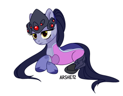 Size: 2263x1765 | Tagged: safe, alternate version, artist:arshe12, earth pony, pony, armor, bodysuit, boots, clothes, female, helmet, lying down, mare, markings, overalls, overwatch, ponified, prone, shoes, simple background, solo, transparent background, unshorn fetlocks, widowmaker