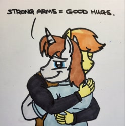 Size: 2028x2048 | Tagged: safe, artist:hoofclid, braeburn, oc, oc:hoofclid, earth pony, unicorn, anthro, g4, canon x oc, gay, high res, hug, looking at you, looking back, looking back at you, male, shipping, smiling, smiling at you, traditional art