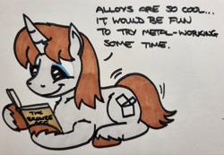 Size: 2048x1415 | Tagged: safe, artist:hoofclid, oc, oc only, oc:hoofclid, pony, unicorn, book, dialogue, lying down, male, prone, reading, solo, stallion, traditional art