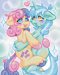 Size: 1440x1800 | Tagged: safe, artist:ibbledribble, bon bon, lyra heartstrings, sweetie drops, earth pony, pony, unicorn, g4, blushing, duo, ear fluff, female, heart, hug, lesbian, looking at each other, looking at someone, ship:lyrabon, shipping
