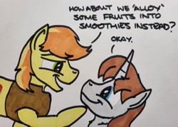 Size: 2047x1468 | Tagged: safe, artist:hoofclid, braeburn, oc, oc:hoofclid, earth pony, pony, unicorn, g4, canon x oc, duo, duo male, gay, hoof on chin, looking at each other, looking at someone, male, pony on pony action, shipping, smiling, stallion, stallion on stallion, traditional art
