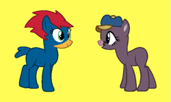 Size: 749x445 | Tagged: safe, artist:mlpfanboy579, bird, earth pony, mole (animal), pony, woodpecker, g4, '90s, adult blank flank, base used, blank flank, blue tail, cap, duo, hat, male, painfaker, ponified, red hair, red mane, simple background, smiling, stallion, tail, talking, the mole (the new woody woodpecker show), the new woody woodpecker show, woody woodpecker, woody woodpecker (series), yellow background