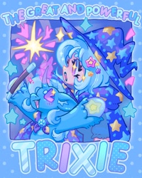 Size: 1639x2048 | Tagged: safe, artist:ibbledribble, trixie, human, pony, unicorn, g4, alternate versions at source, curved horn, ear fluff, female, hairclip, horn, humanized, light skin, lipstick, magic, magic wand, mare, solo, unshorn fetlocks