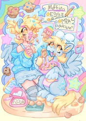 Size: 1448x2048 | Tagged: safe, artist:ibbledribble, derpy hooves, human, pegasus, pony, g4, bandaid, bandaid on nose, batter, cake batter, clothes, duo, egg (food), flour, food, hairclip, humanized, muffin, paper, pencil, socks, spoon, thigh highs, wooden spoon