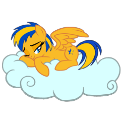 Size: 1316x1316 | Tagged: safe, artist:mlpfan3991, oc, oc only, oc:flare spark, pegasus, pony, g4, cloud, female, female oc, lying down, lying on a cloud, mare, mare oc, on a cloud, one eye closed, one eye open, pegasus oc, pony oc, resting, simple background, sleepy, smiling, solo, transparent background, yellow coat