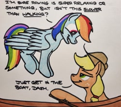 Size: 2048x1801 | Tagged: safe, artist:hoofclid, applejack, rainbow dash, earth pony, pegasus, pony, g4, boat, dialogue, duo, female, flying, lesbian, looking at each other, looking at someone, mare, rowboat, ship:appledash, shipping, smiling, smiling at each other, traditional art
