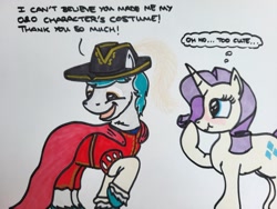 Size: 2048x1536 | Tagged: safe, artist:hoofclid, rarity, oc, oc:buckler, earth pony, pony, unicorn, g4, blushing, canon x oc, cape, clothes, costume, dialogue, female, hat, looking back, male, mare, shipping, stallion, straight, thought bubble, traditional art