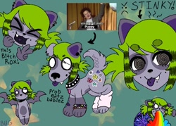 Size: 1400x1000 | Tagged: safe, artist:sillybugdrawz, oc, oc only, oc:bug brainz, bat, dog, raccoon, werewolf, 2000s style, anime style, doodle, doodle page, emo, meme, piercing, puking rainbows, puppy, tongue out, vomiting