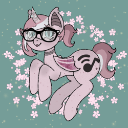 Size: 1000x1000 | Tagged: safe, artist:sillybugdrawz, oc, oc:marshmallow, bat pony, crystal pony, pony, art trade, choker, crystal horn, crystal wings, cute, freckles, glasses, horn, ponytail, solo, thick, wings