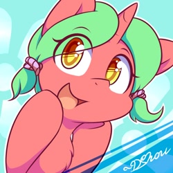 Size: 500x500 | Tagged: safe, artist:dshou, oc, oc only, pony, unicorn, bust, chest fluff, eye clipping through hair, female, hooves on cheeks, mare, open mouth, open smile, pigtails, portrait, smiling, solo