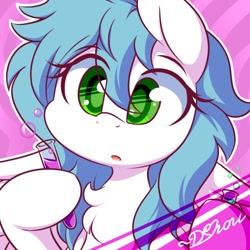 Size: 500x500 | Tagged: safe, artist:dshou, oc, oc only, oc:bright heart, pegasus, pony, bust, chest fluff, hoof hold, looking at something, open mouth, portrait, solo, spread wings, test tube, wings
