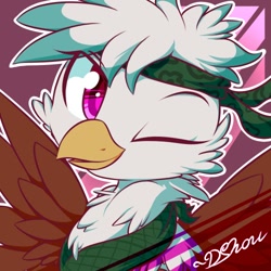 Size: 500x500 | Tagged: safe, artist:dshou, oc, oc only, griffon, bandana, bust, looking at you, one eye closed, pink eyes, portrait, solo, spread wings, wings, wink