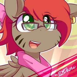 Size: 500x500 | Tagged: safe, artist:dshou, oc, oc only, oc:bwae, pegasus, pony, bow, bust, clothes, ear piercing, glasses, open mouth, open smile, piercing, portrait, scarf, smiling, solo, stripes
