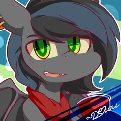 Size: 500x500 | Tagged: safe, artist:dshou, oc, oc only, oc:notde, bat pony, pony, bandana, bust, cup, ear piercing, green eyes, looking at you, open mouth, piercing, portrait, smiling, solo