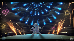Size: 3844x2162 | Tagged: safe, artist:phoenixrk49, trixie, pony, unicorn, g4, belly button, bipedal, eyes closed, female, fireworks, heart, high res, mare, night, nose in the air, open mouth, open smile, smiling, solo, stars