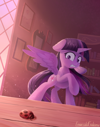 Size: 1800x2300 | Tagged: safe, artist:emeraldgalaxy, twilight sparkle, alicorn, insect, ladybug, pony, g4, 2020, backwards cutie mark, book, bookshelf, coccinellidaephobia, concave belly, eyebrows, female, floppy ears, gritted teeth, high res, horn, horror, indoors, long mane, looking at something, low angle, mare, old art, raised hoof, signature, solo, spread wings, teeth, twilight hates ladybugs, twilight sparkle (alicorn), wings