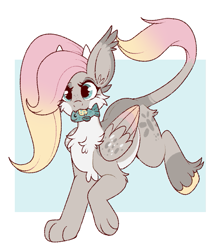 Size: 633x725 | Tagged: safe, artist:lulubell, oc, oc only, oc:fable, hybrid, :3, behaving like a cat, cat toy, chest fluff, fangs, interspecies offspring, mouth hold, offspring, parent:discord, parent:fluttershy, parents:discoshy, passepartout, solo