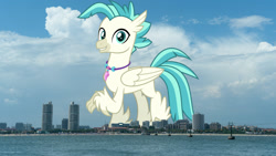 Size: 1920x1080 | Tagged: safe, anonymous editor, artist:jhayarr23, edit, terramar, classical hippogriff, hippogriff, g4, beach, highrise ponies, irl, jewelry, looking at you, macro, male, necklace, photo, ponies in real life, raised claw, smiling, solo, story included