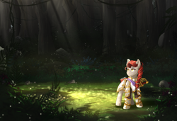 Size: 3800x2600 | Tagged: safe, artist:nihithebrony, oc, oc:lawkeeper equity, earth pony, firefly (insect), insect, pony, elements of justice, armor, braid, commission, detailed background, earth pony oc, female, field, foliage, forest, forest background, grass, high res, jungle, lightning, looking up, mare, outdoors, red hair, scenery, solo, sword, tree, weapon