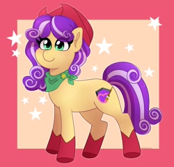 Size: 2048x1972 | Tagged: safe, artist:emera33, oc, oc only, oc:quickdraw, earth pony, pony, boots, cowboy hat, full body, green eyes, hat, outdated design, passepartout, purple hair, shoes, solo