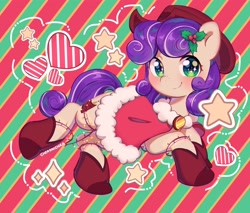 Size: 2048x1741 | Tagged: safe, oc, oc only, oc:quickdraw, earth pony, pony, boots, christmas, christmas lights, commissioner:dhs, cowboy boots, cowboy hat, freckles, full body, green eyes, hat, holiday, holly, outdated design, portrait, purple hair, shoes, solo