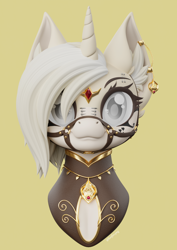 Size: 1450x2048 | Tagged: safe, artist:bonfirepng, oc, oc only, 3d, 3d model, blender, blender cycles, blind, bridle, bust, chibi, ear piercing, piercing, solo, tack