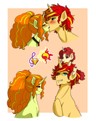 Size: 3314x4178 | Tagged: safe, artist:daazzlin, adagio dazzle, sunset shimmer, oc, oc:fire heart, half-siren, pony, unicorn, g4, blushing, colt, equestria girls ponified, female, foal, half r63 shipping, kiss on the lips, kissing, looking up, male, mare, my little colt, offspring, parent:adagio dazzle, parent:sunset glare, parent:sunset shimmer, parents:adagiglare, parents:sunsagio, passepartout, ponified, pony hat, rule 63, ship:adagiglare, ship:sunsagio, shipping, stallion, straight, sunset glare, tongue out, trio, unicorn adiago dazzle