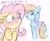 Size: 2638x2160 | Tagged: safe, artist:lbrcloud, fluttershy, rainbow dash, pegasus, pony, g4, blushing, ear fluff, female, flustered, folded wings, high res, lesbian, mare, open mouth, open smile, ship:flutterdash, shipping, simple background, sketch, smiling, sparkles, wavy mouth, white background, wings