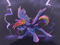 Size: 2048x1536 | Tagged: safe, artist:boorakun, rainbow dash, pegasus, pony, g4, angry, female, floppy ears, lightning, mare, rain, solo, spread wings, wings