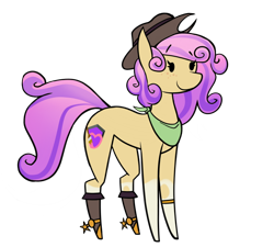 Size: 668x601 | Tagged: safe, artist:fenixdust, oc, oc only, oc:quickdraw, earth pony, pony, boots, clothes, coat markings, commissioner:dhs, cowboy hat, curly hair, freckles, hat, hoof ring, implied ponies riding horses, purple hair, scarf, shoes, simple background, socks (coat markings), solo, spurs, transparent background, yellow coat