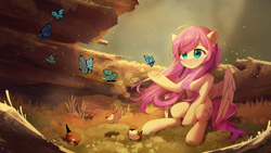 Size: 2800x1575 | Tagged: safe, artist:emeraldgalaxy, fluttershy, bird, butterfly, pegasus, pony, g4, cute, eye clipping through hair, eyebrows, eyebrows visible through hair, female, frog (hoof), high res, hoofbutt, mare, outdoors, partially open wings, shyabetes, signature, sitting, smiling, solo, underhoof, wings