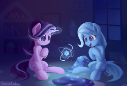Size: 2800x1900 | Tagged: safe, artist:emeraldgalaxy, starlight glimmer, trixie, pony, unicorn, g4, brooch, cape, clasp, clothes, duo, duo female, eyebrows, female, gem, glowing, glowing horn, hat, high res, horn, indoors, jewelry, magic, magic aura, mare, open mouth, open smile, signature, sitting, smiling, trixie's brooch, trixie's cape, trixie's hat, wizard hat