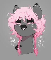 Size: 856x1020 | Tagged: safe, artist:melodylibris, oc, oc only, earth pony, pony, braid, braided pigtails, bust, dark muzzle, eyes closed, facial markings, female, freckles, gray background, grin, mare, pigtails, simple background, smiling, solo