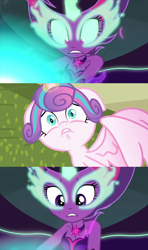 Size: 828x1397 | Tagged: safe, editor:incredibubbleirishguy, princess flurry heart, sci-twi, twilight sparkle, alicorn, pony, a flurry of emotions, equestria girls, g4, my little pony equestria girls: friendship games, baby, baby pony, bare shoulders, comic, duo, link in source, midnight sparkle, sad, scared, sleeveless, strapless