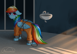Size: 2039x1447 | Tagged: safe, artist:nuumia, rainbow dash, pegasus, pony, g4, bound wings, butt, chained, chains, clothes, commission, commissioner:rainbowdash69, cuffs, jail, jail cell, jumpsuit, never doubt rainbowdash69's involvement, plot, prison, prison outfit, prisoner, prisoner rd, shackles, wings