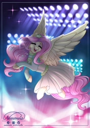 Size: 2896x4096 | Tagged: safe, artist:nuumia, fluttershy, pegasus, pony, equestria girls, g4, my little pony equestria girls: better together, so much more to me, clothes, cute, dress, eyes closed, female, flying, happy, mare, open mouth, open smile, shyabetes, smiling, solo, spotlight, sweet dreams fuel