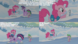 Size: 2000x1125 | Tagged: safe, edit, edited screencap, editor:quoterific, screencap, pinkie pie, spike, twilight sparkle, dragon, earth pony, pony, unicorn, g4, season 1, winter wrap up, floppy ears, ice, ice skates, skates, snow, unicorn twilight